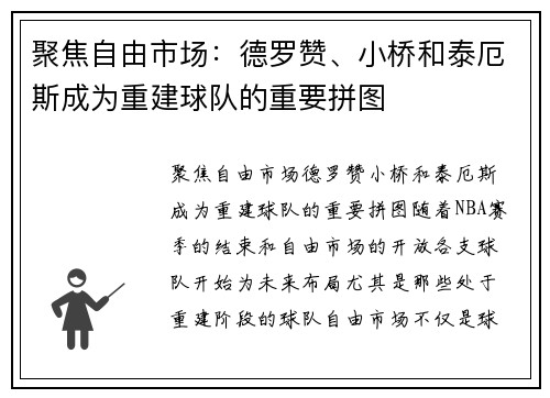 聚焦自由市场：德罗赞、小桥和泰厄斯成为重建球队的重要拼图