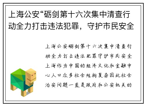 上海公安“砺剑第十六次集中清查行动全力打击违法犯罪，守护市民安全