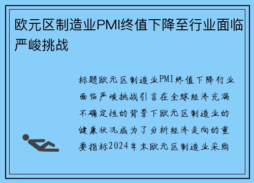 欧元区制造业PMI终值下降至行业面临严峻挑战